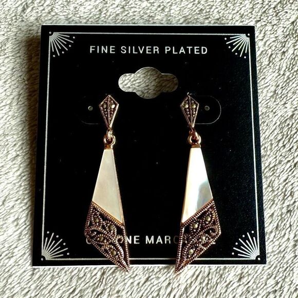 Designer Fine Silver Plated Genuine Marcasite Rose Gold Tone Drop Earrings - Picture 1 of 4
